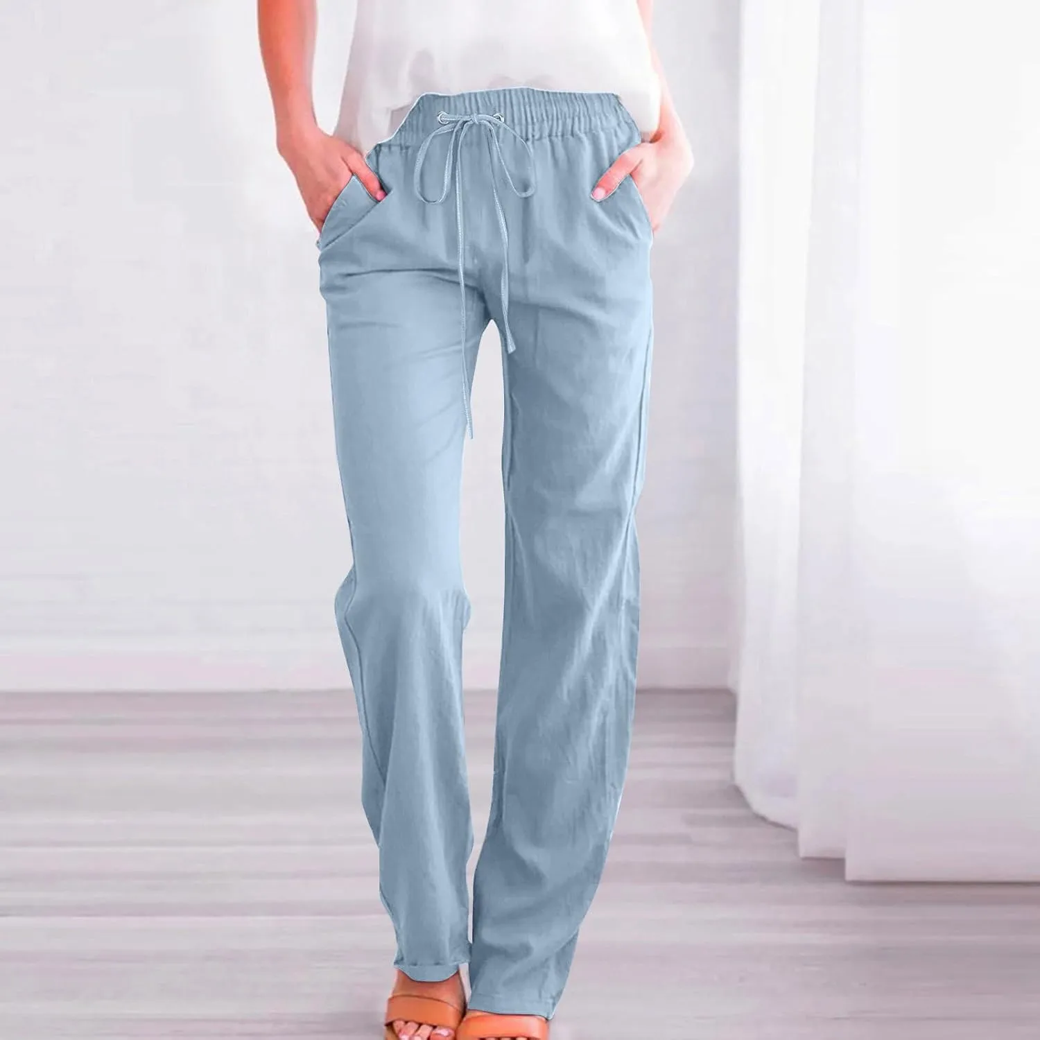 Linen Pants Women Casual Straight Leg Drawstring Elastic High Waist Pants Loose Comfy Palazzo Trousers with Pockets