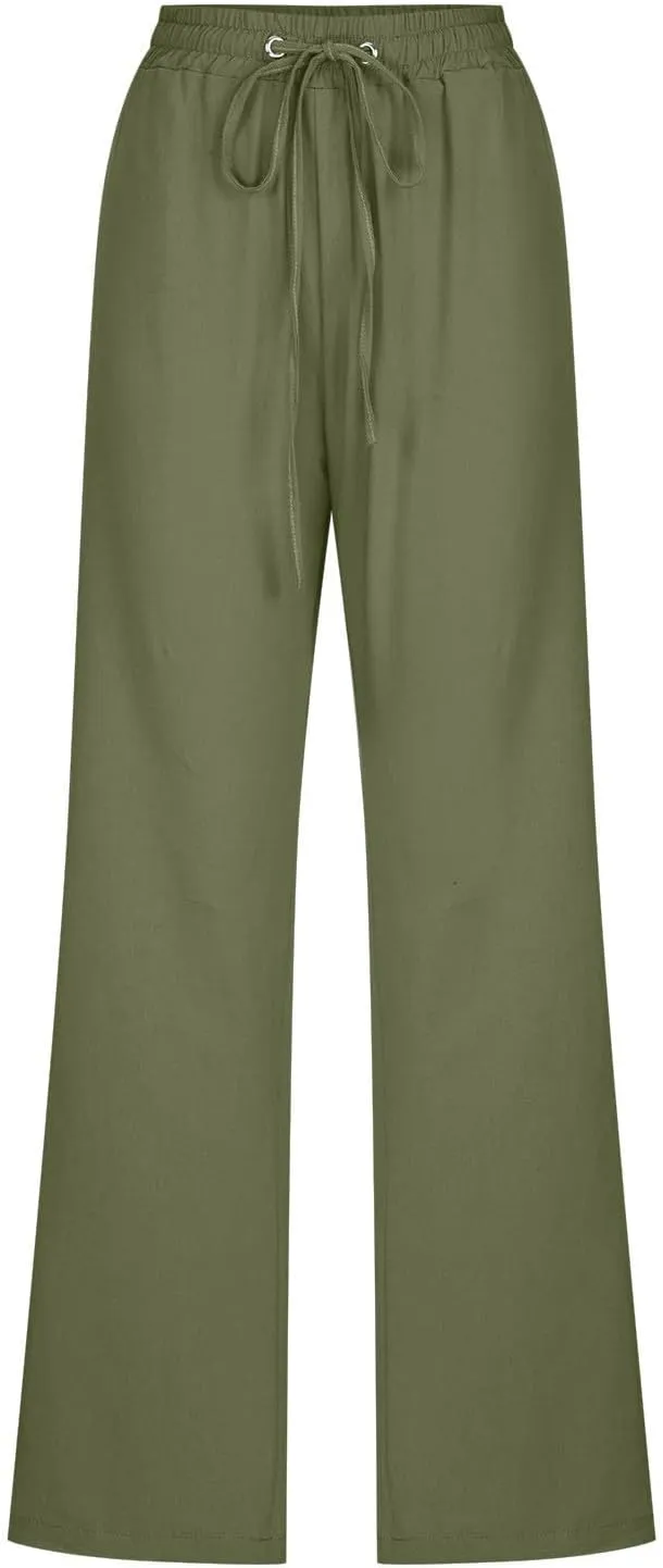 Linen Pants Women Casual Straight Leg Drawstring Elastic High Waist Pants Loose Comfy Palazzo Trousers with Pockets
