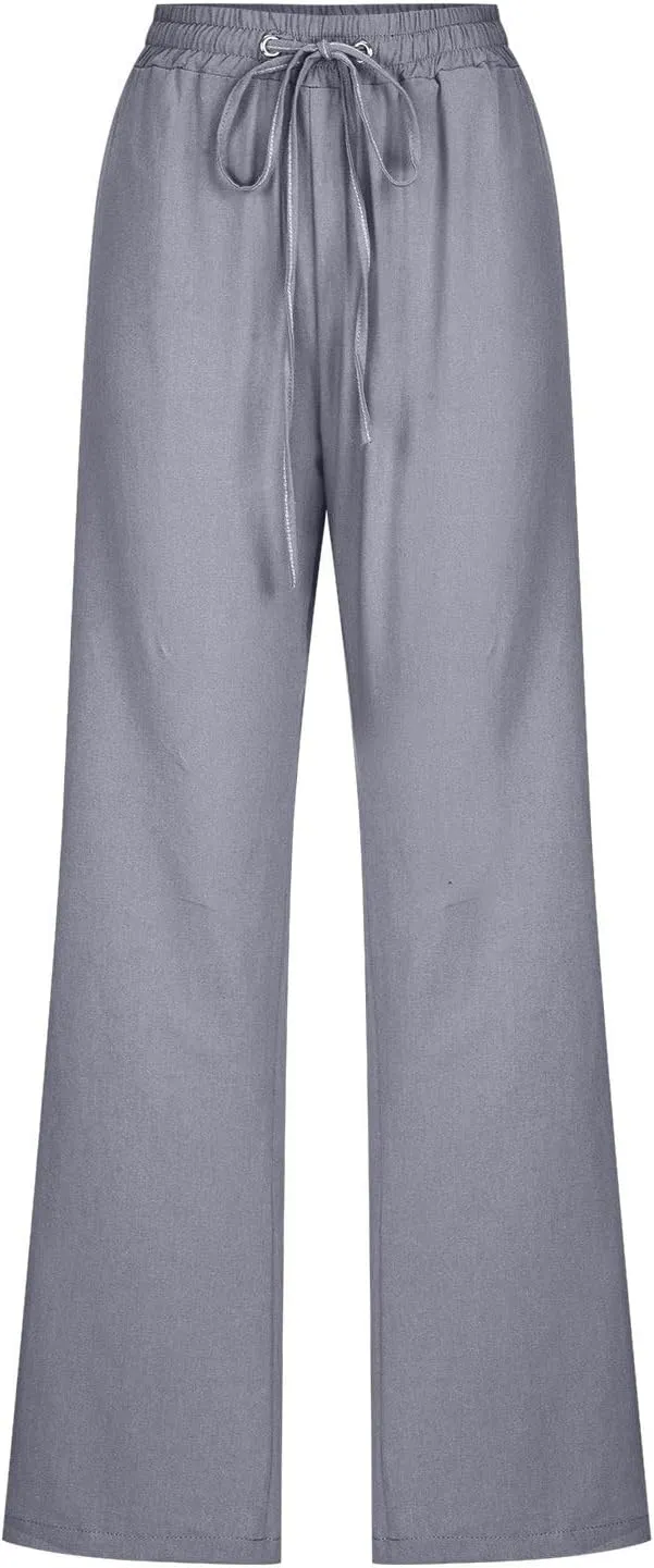 Linen Pants Women Casual Straight Leg Drawstring Elastic High Waist Pants Loose Comfy Palazzo Trousers with Pockets