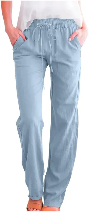Linen Pants Women Casual Straight Leg Drawstring Elastic High Waist Pants Loose Comfy Palazzo Trousers with Pockets