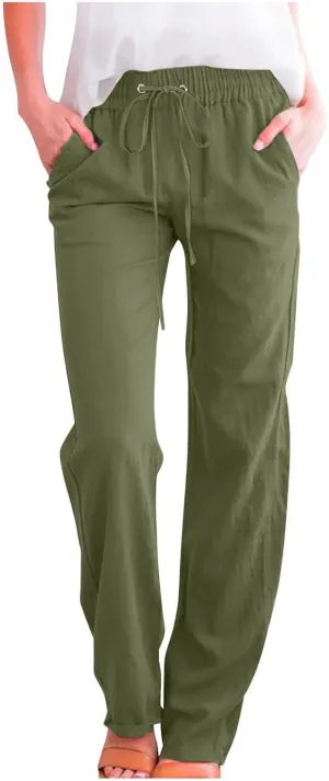 Linen Pants Women Casual Straight Leg Drawstring Elastic High Waist Pants Loose Comfy Palazzo Trousers with Pockets
