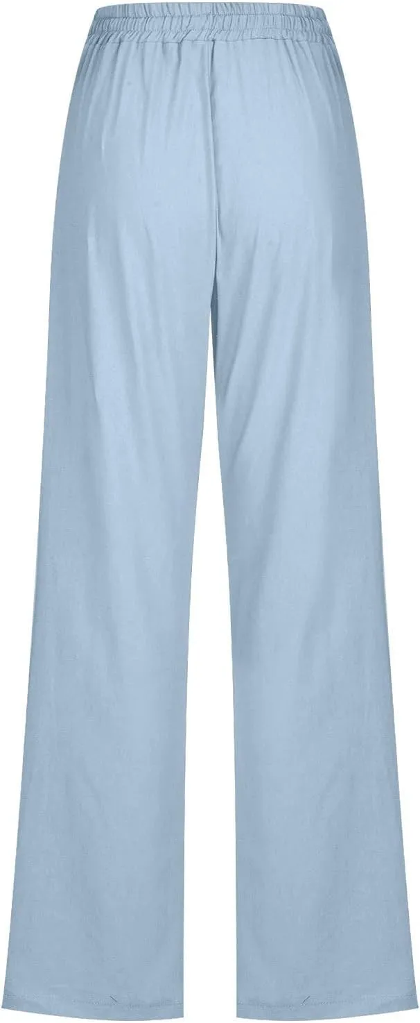 Linen Pants Women Casual Straight Leg Drawstring Elastic High Waist Pants Loose Comfy Palazzo Trousers with Pockets