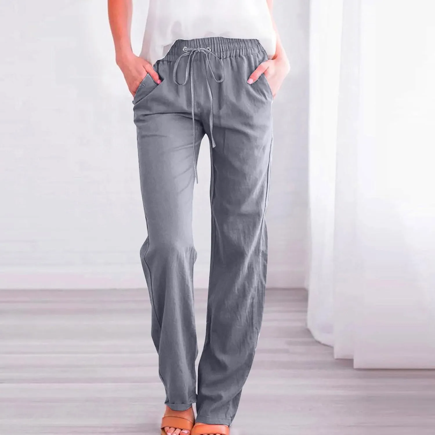Linen Pants Women Casual Straight Leg Drawstring Elastic High Waist Pants Loose Comfy Palazzo Trousers with Pockets
