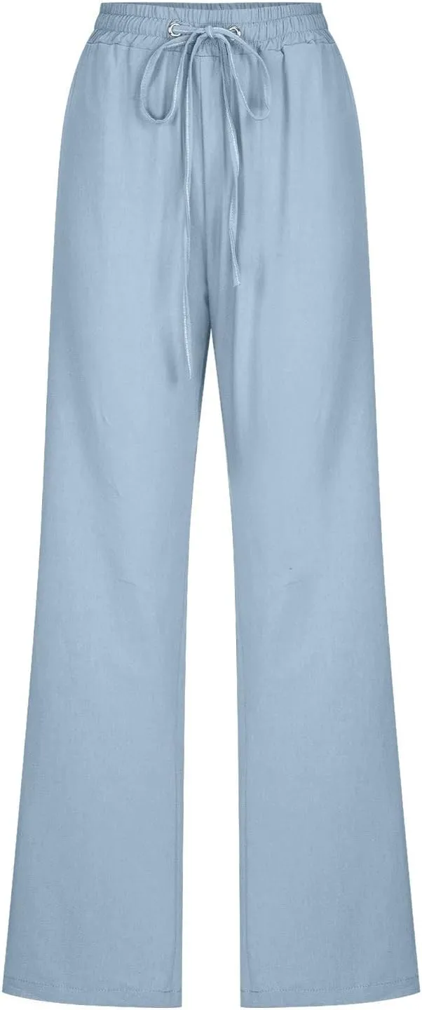 Linen Pants Women Casual Straight Leg Drawstring Elastic High Waist Pants Loose Comfy Palazzo Trousers with Pockets