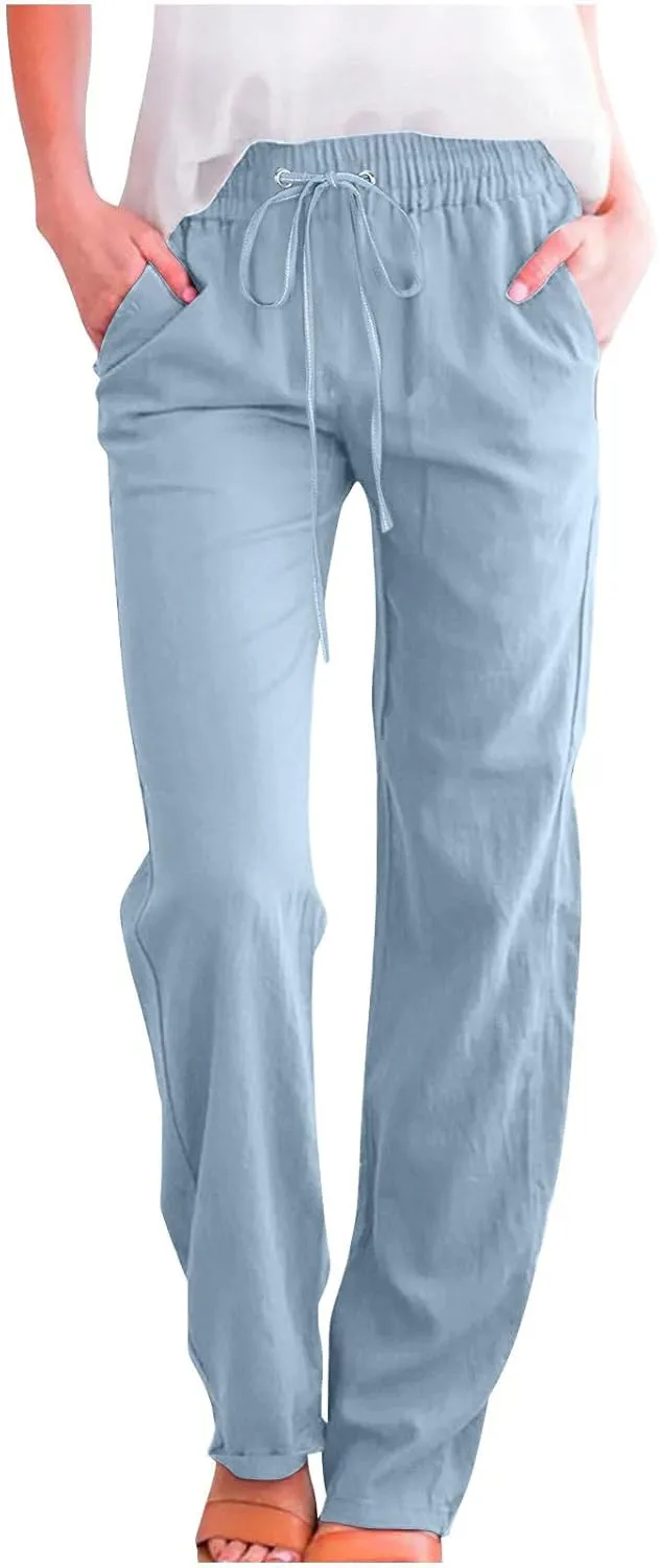 Linen Pants Women Casual Straight Leg Drawstring Elastic High Waist Pants Loose Comfy Palazzo Trousers with Pockets