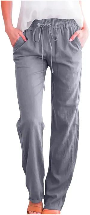 Linen Pants Women Casual Straight Leg Drawstring Elastic High Waist Pants Loose Comfy Palazzo Trousers with Pockets