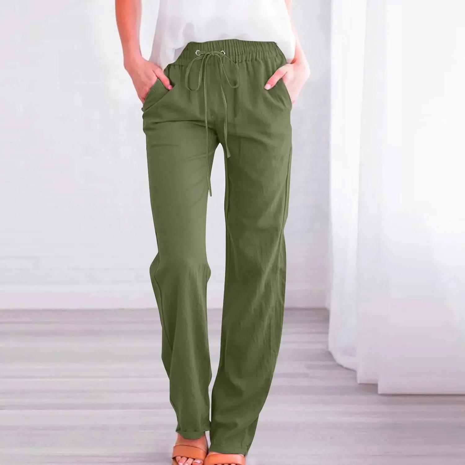 Linen Pants Women Casual Straight Leg Drawstring Elastic High Waist Pants Loose Comfy Palazzo Trousers with Pockets