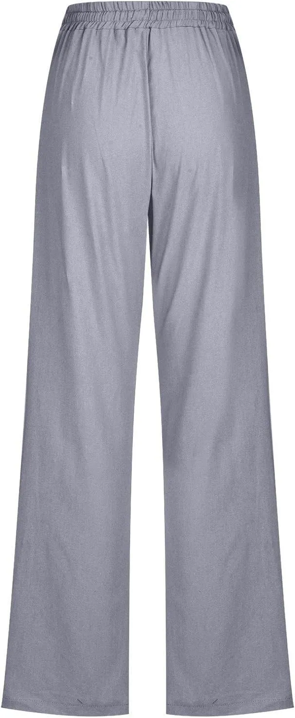 Linen Pants Women Casual Straight Leg Drawstring Elastic High Waist Pants Loose Comfy Palazzo Trousers with Pockets