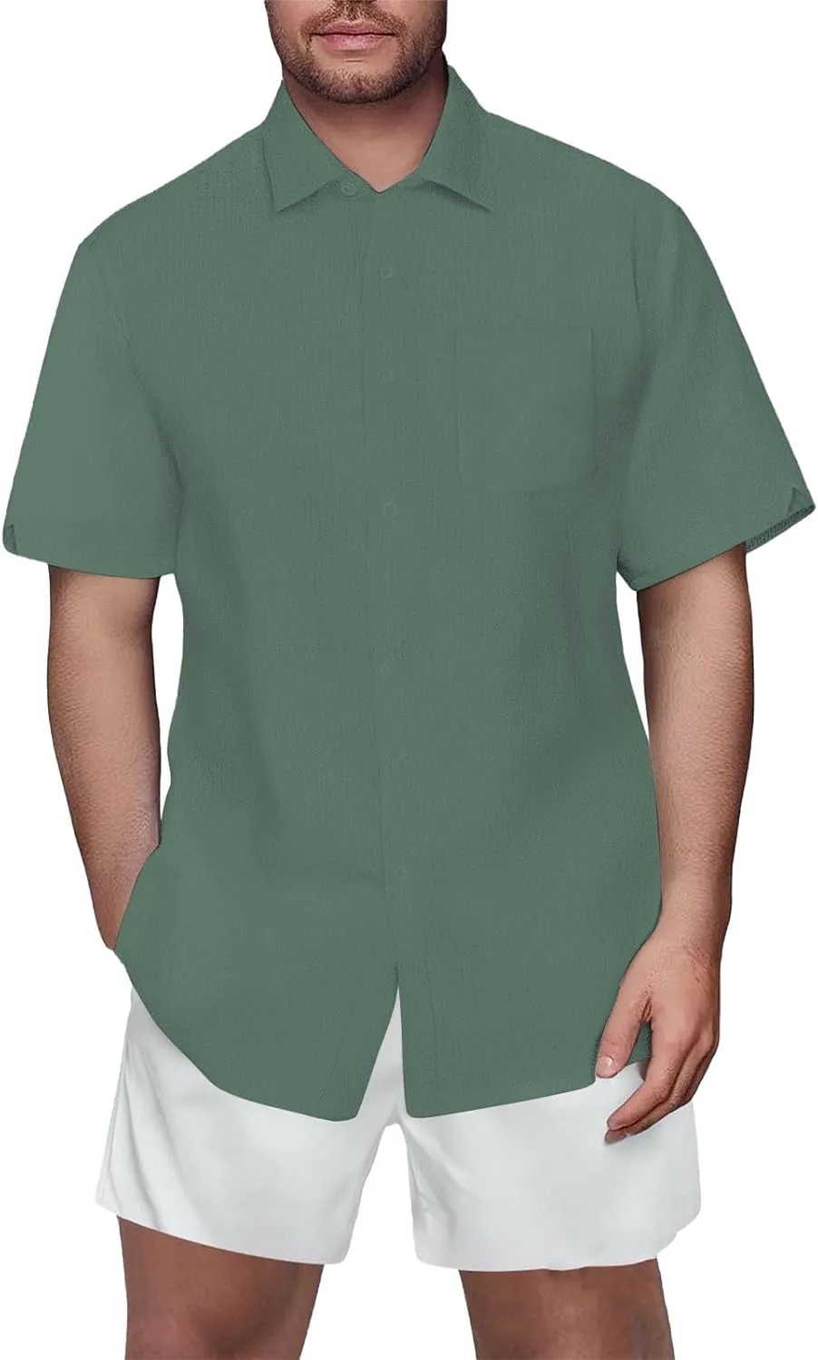 Linen Shirts for Men Slim Fit Short Sleeve Button Down Dress Shirts Wrinkle Free Casual Vacation Beach Summer Tops