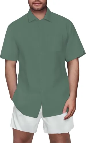 Linen Shirts for Men Slim Fit Short Sleeve Button Down Dress Shirts Wrinkle Free Casual Vacation Beach Summer Tops