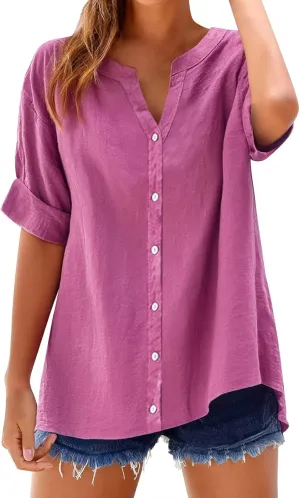Linen Shirts for Women Button Down Shirt Gauze Cotton Short Sleeve Loose Fit Blouse Collared Casual Work Top
