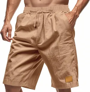 Linen Shorts for Mens Retro Summer Comfy Breathable Baggy Holiday Beach Pants Elastic Waist Casual Shorts with Pocket