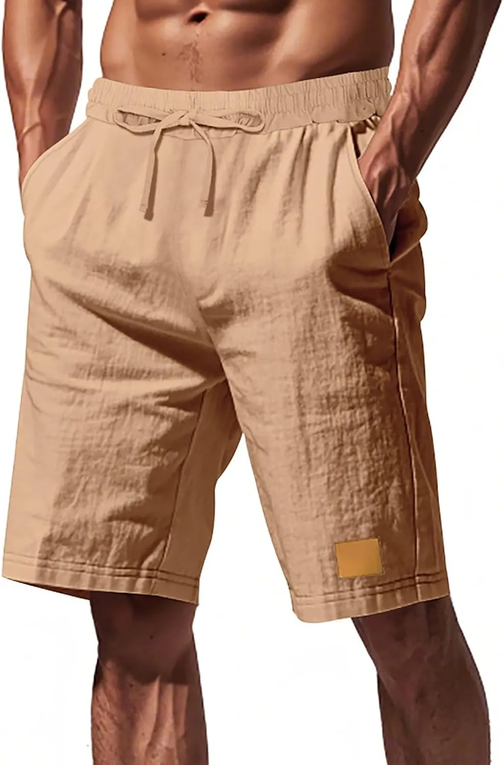 Linen Shorts for Mens Retro Summer Comfy Breathable Baggy Holiday Beach Pants Elastic Waist Casual Shorts with Pocket