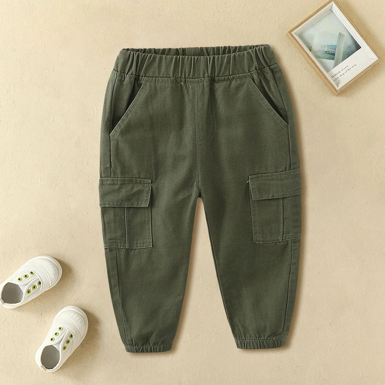Little Boys Cargo Jogger Pants Toddler Kids Multi Pocket Twill Casual Trousers with Elastic Hem Toddler Pants