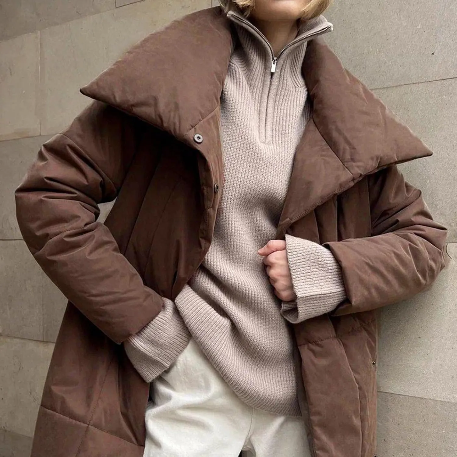 Long Down Jackets For Women Winter Warm Quilted Puffer Jacket Lapel Collar Button Padded Coats Outerwear With Pockets