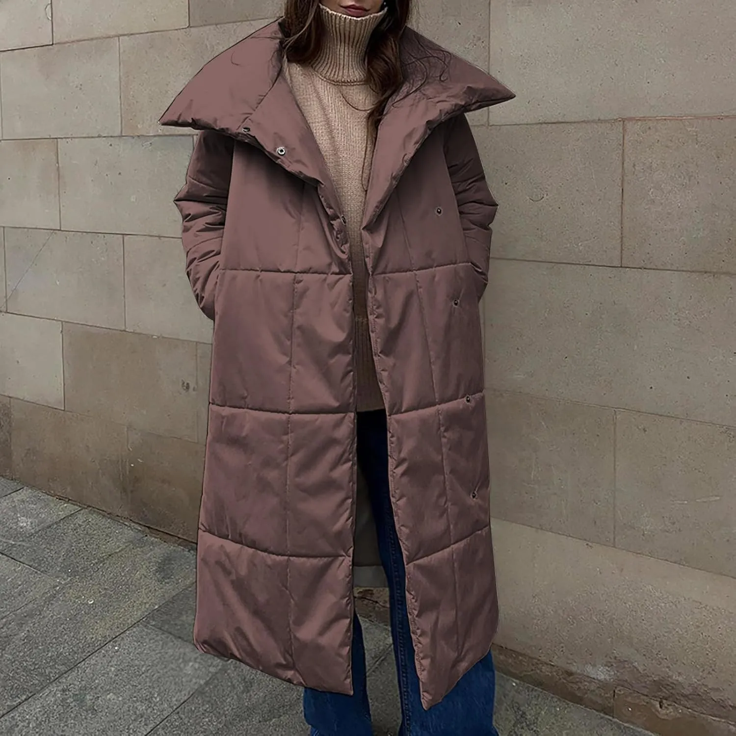 Long Down Jackets For Women Winter Warm Quilted Puffer Jacket Lapel Collar Button Padded Coats Outerwear With Pockets