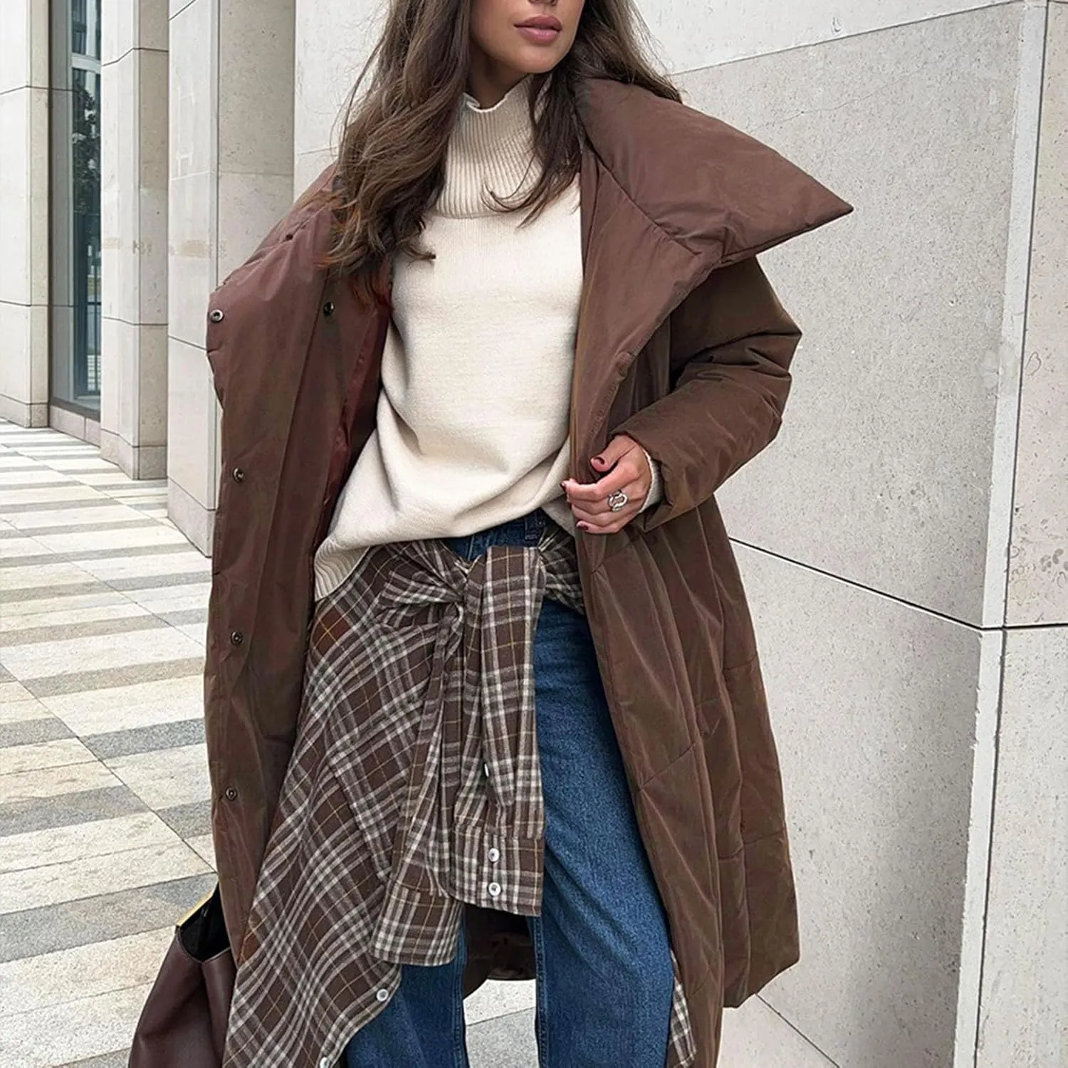 Long Down Jackets For Women Winter Warm Quilted Puffer Jacket Lapel Collar Button Padded Coats Outerwear With Pockets