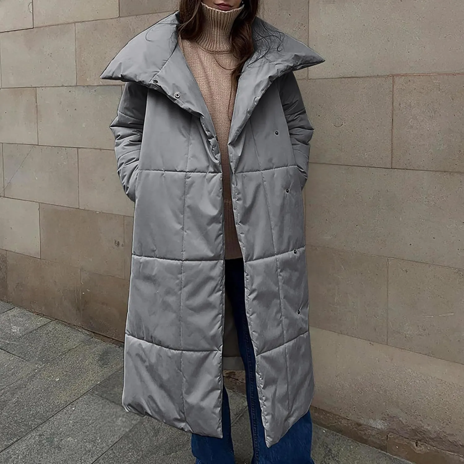 Long Down Jackets For Women Winter Warm Quilted Puffer Jacket Lapel Collar Button Padded Coats Outerwear With Pockets