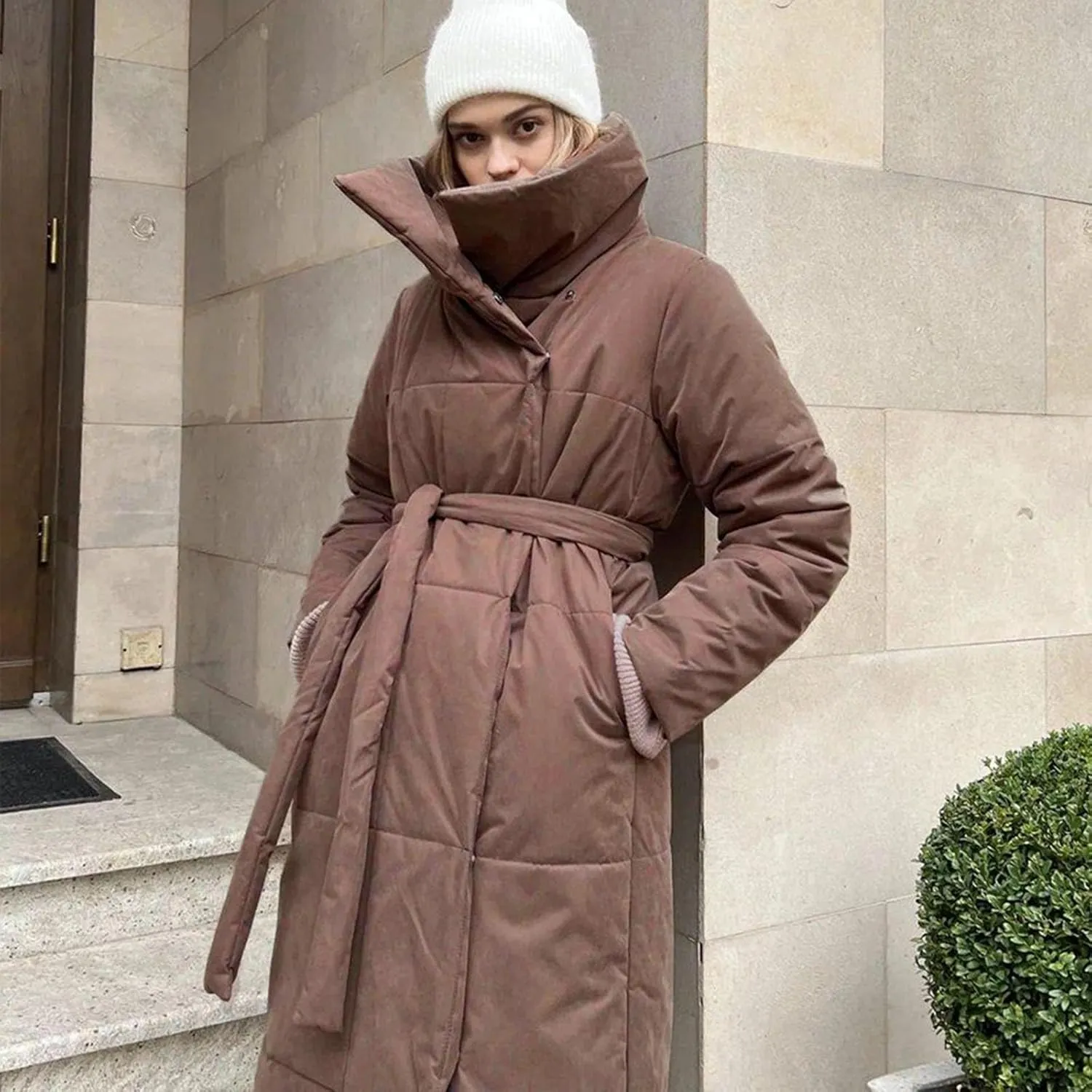 Long Down Jackets For Women Winter Warm Quilted Puffer Jacket Lapel Collar Button Padded Coats Outerwear With Pockets
