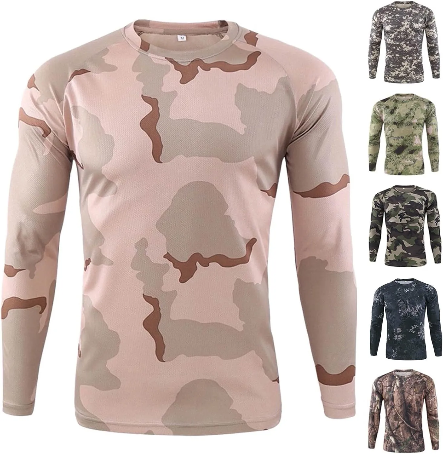 Long Sleeve Camo Hunting T-Shirts for Men Military Camouflage Athletic Compression Shirt Workout Gym Sport Fishing Hiking Top
