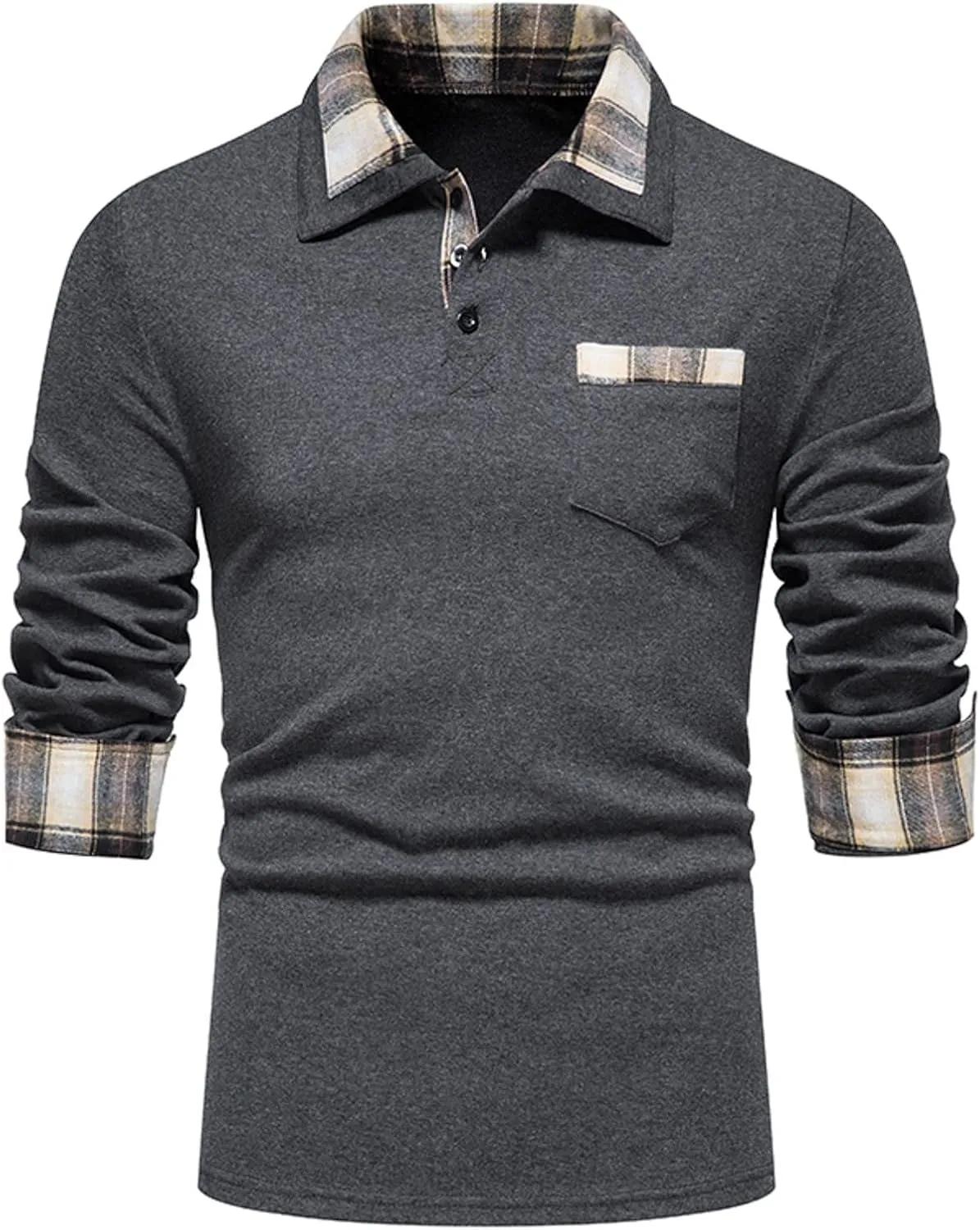 Long Sleeve Polo Shirt for Men Casual Slim Fit Button Down Cotton Blend Shirts Contrast Color Patchwork Golf Tee Tops