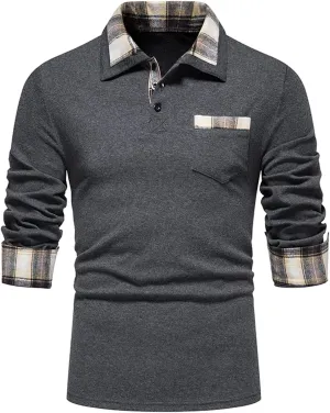 Long Sleeve Polo Shirt for Men Casual Slim Fit Button Down Cotton Blend Shirts Contrast Color Patchwork Golf Tee Tops
