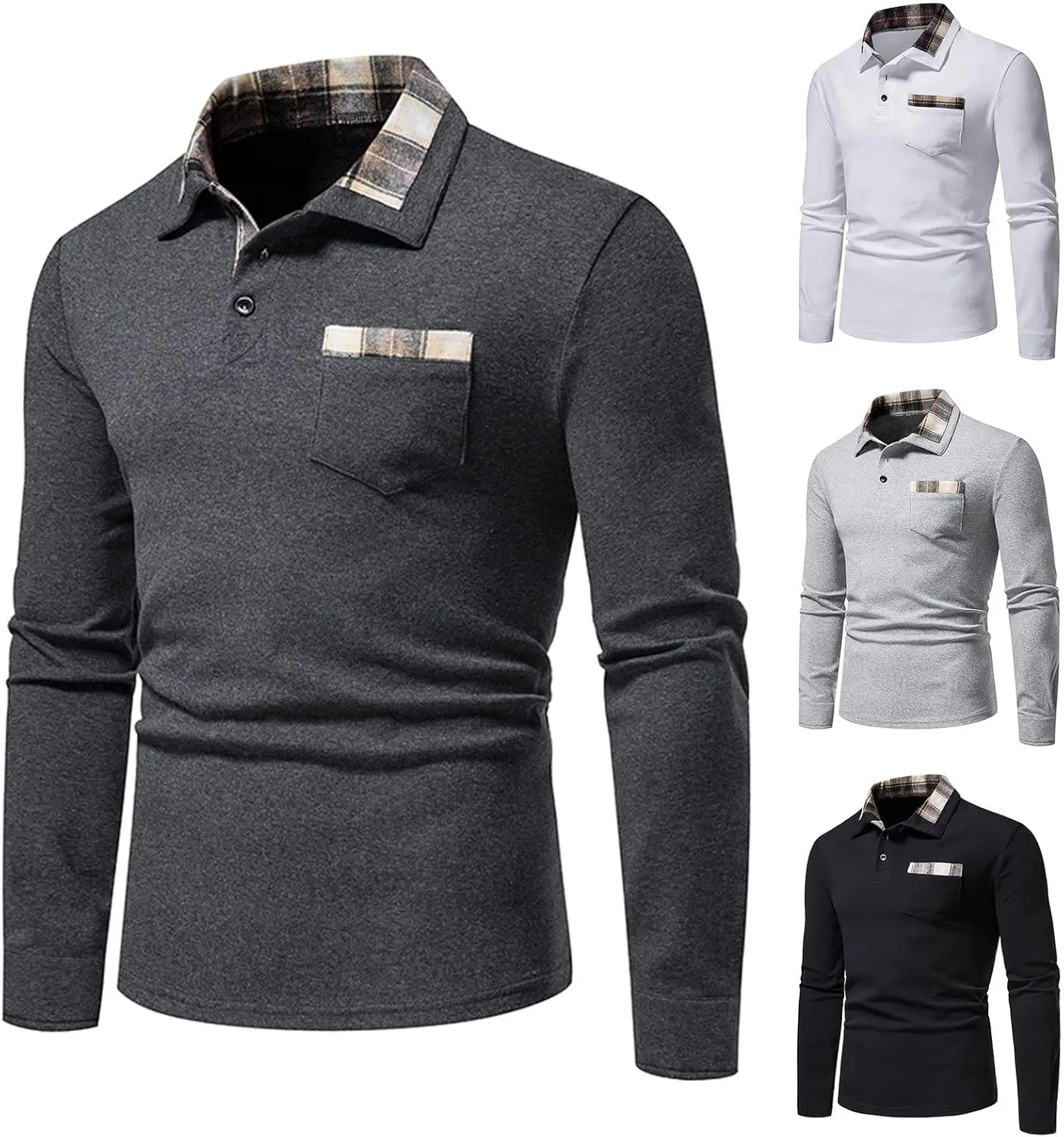Long Sleeve Polo Shirt for Men Casual Slim Fit Button Down Cotton Blend Shirts Contrast Color Patchwork Golf Tee Tops