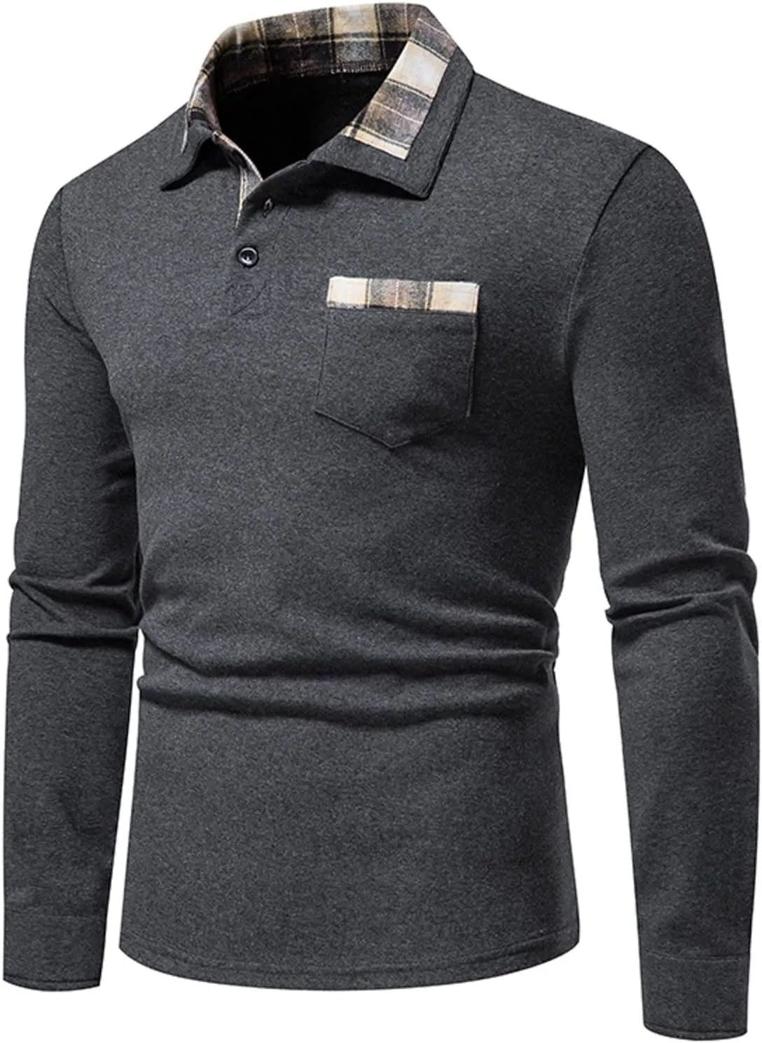 Long Sleeve Polo Shirt for Men Casual Slim Fit Button Down Cotton Blend Shirts Contrast Color Patchwork Golf Tee Tops