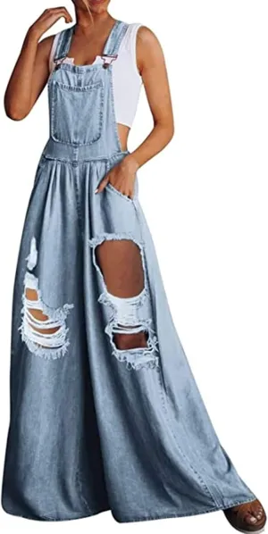 loveimgs Women's Casual Ripped Adjustable Denim Overalls Baggy Wide Leg Bib Pants Palazzo Jumpsuit