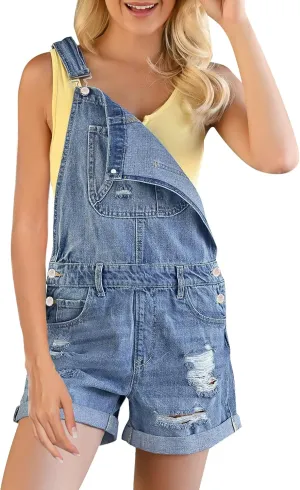 luvamia Women's Ripped Short Overalls Adjustable Denim Bib Overall Shorts Romper