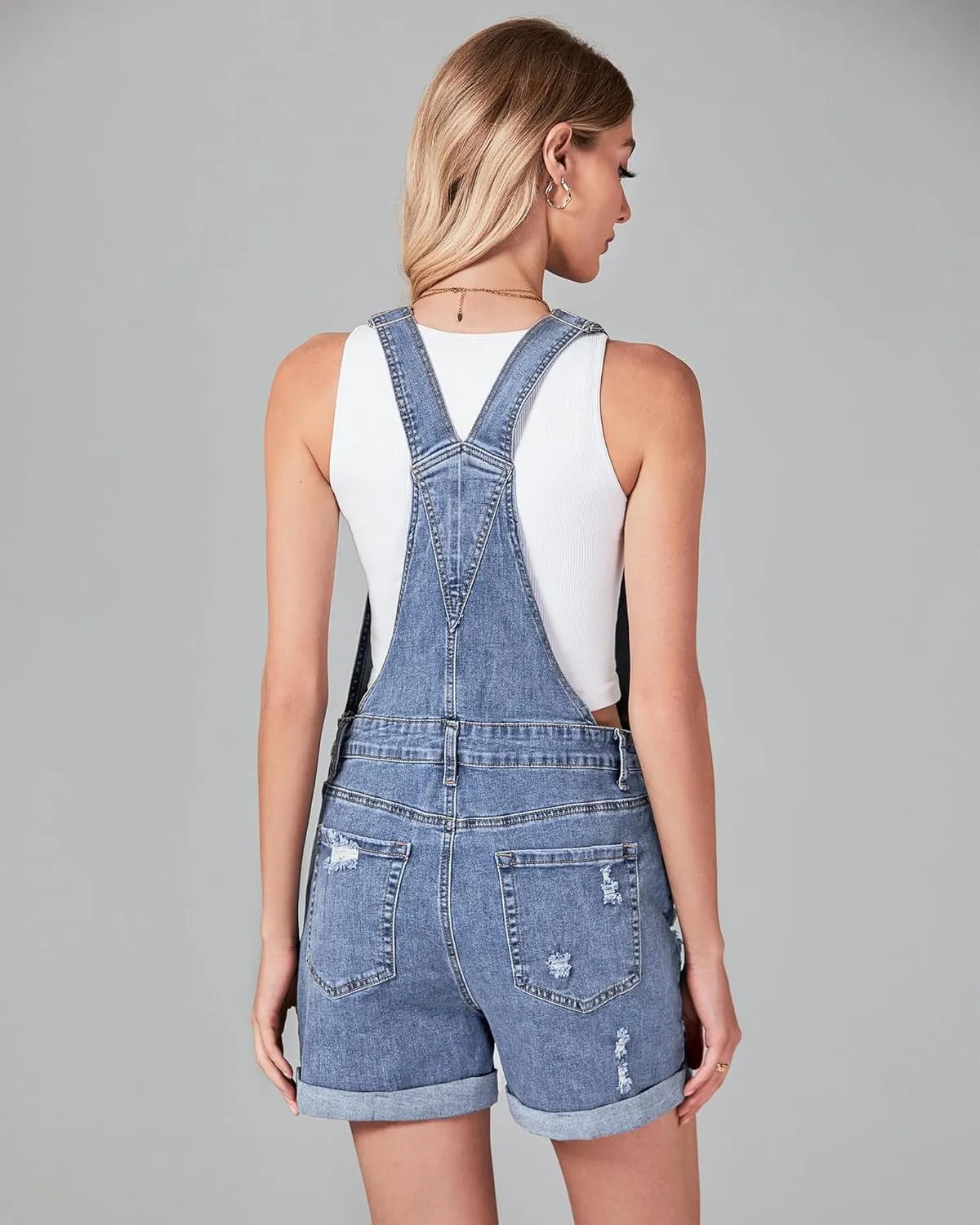 luvamia Women's Ripped Short Overalls Adjustable Denim Bib Overall Shorts Romper