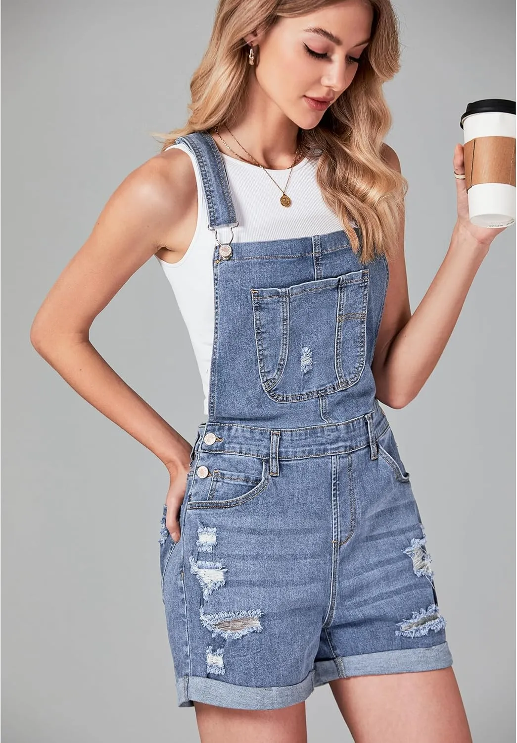 luvamia Women's Ripped Short Overalls Adjustable Denim Bib Overall Shorts Romper