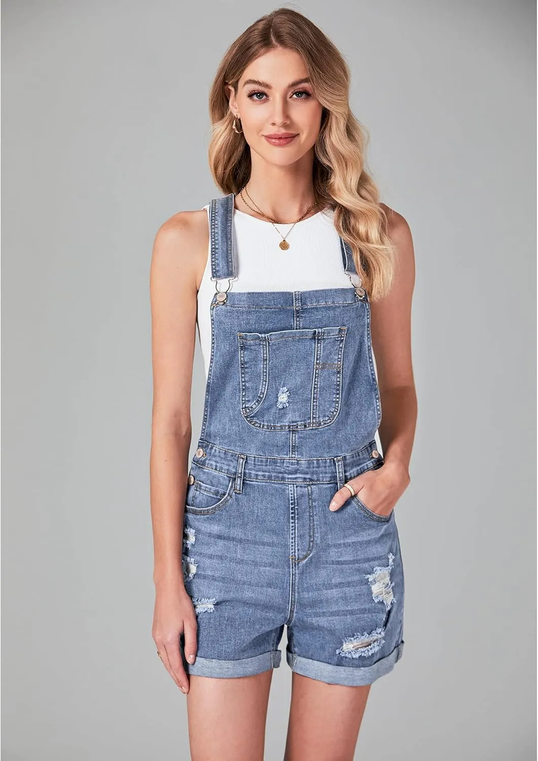 luvamia Women's Ripped Short Overalls Adjustable Denim Bib Overall Shorts Romper