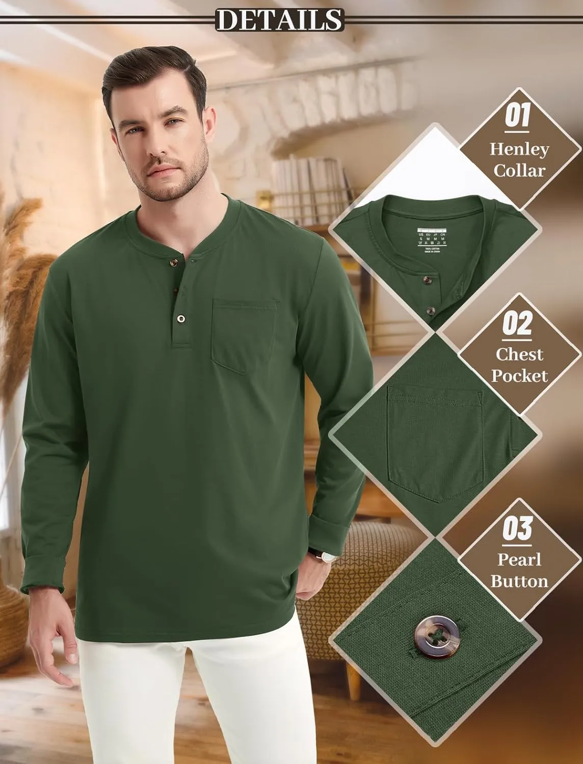 MAGCOMSEN Mens Henley Long Sleeve Casual Shirts Cotton Pocket t Shirts Summer Fitted Plain Tops Lightweight Fashion