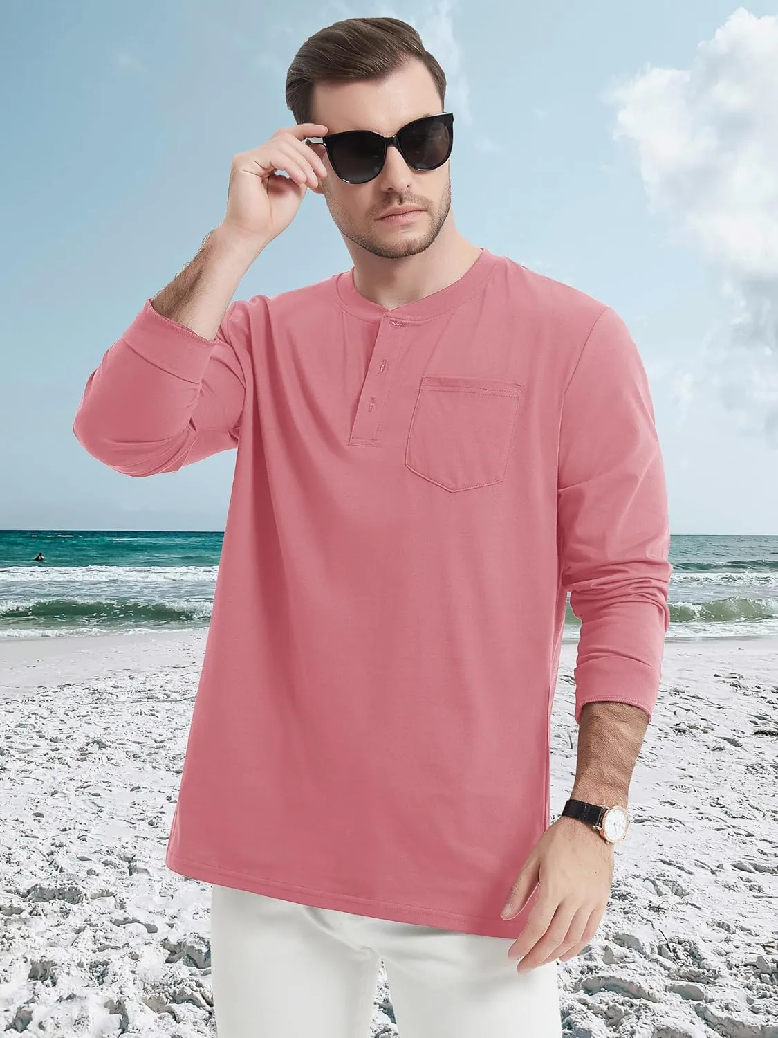 MAGCOMSEN Mens Henley Long Sleeve Casual Shirts Cotton Pocket t Shirts Summer Fitted Plain Tops Lightweight Fashion