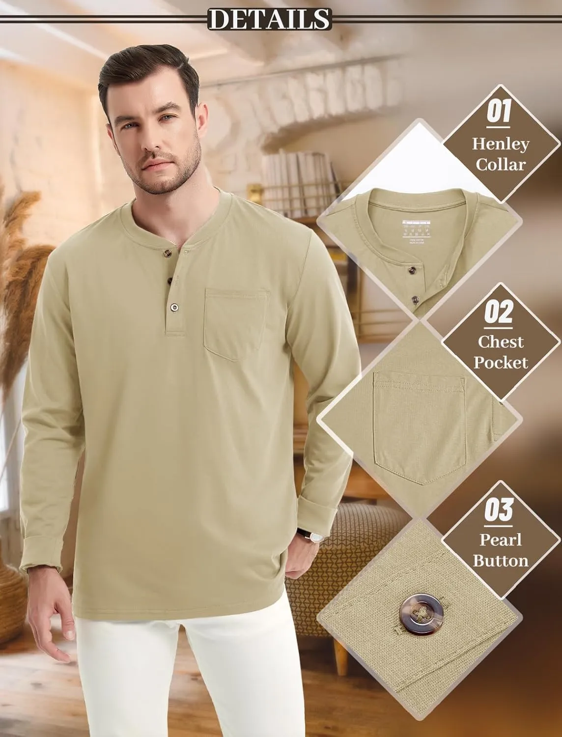 MAGCOMSEN Mens Henley Long Sleeve Casual Shirts Cotton Pocket t Shirts Summer Fitted Plain Tops Lightweight Fashion