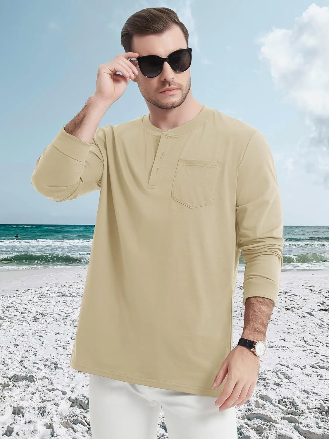 MAGCOMSEN Mens Henley Long Sleeve Casual Shirts Cotton Pocket t Shirts Summer Fitted Plain Tops Lightweight Fashion