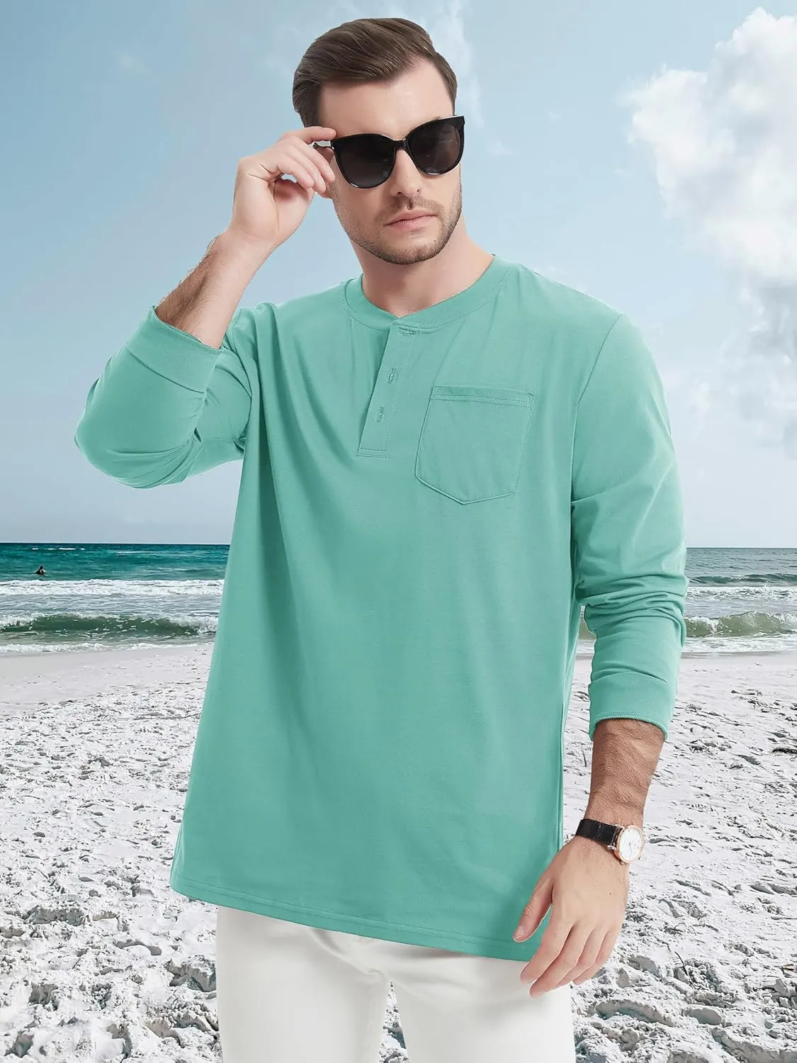 MAGCOMSEN Mens Henley Long Sleeve Casual Shirts Cotton Pocket t Shirts Summer Fitted Plain Tops Lightweight Fashion