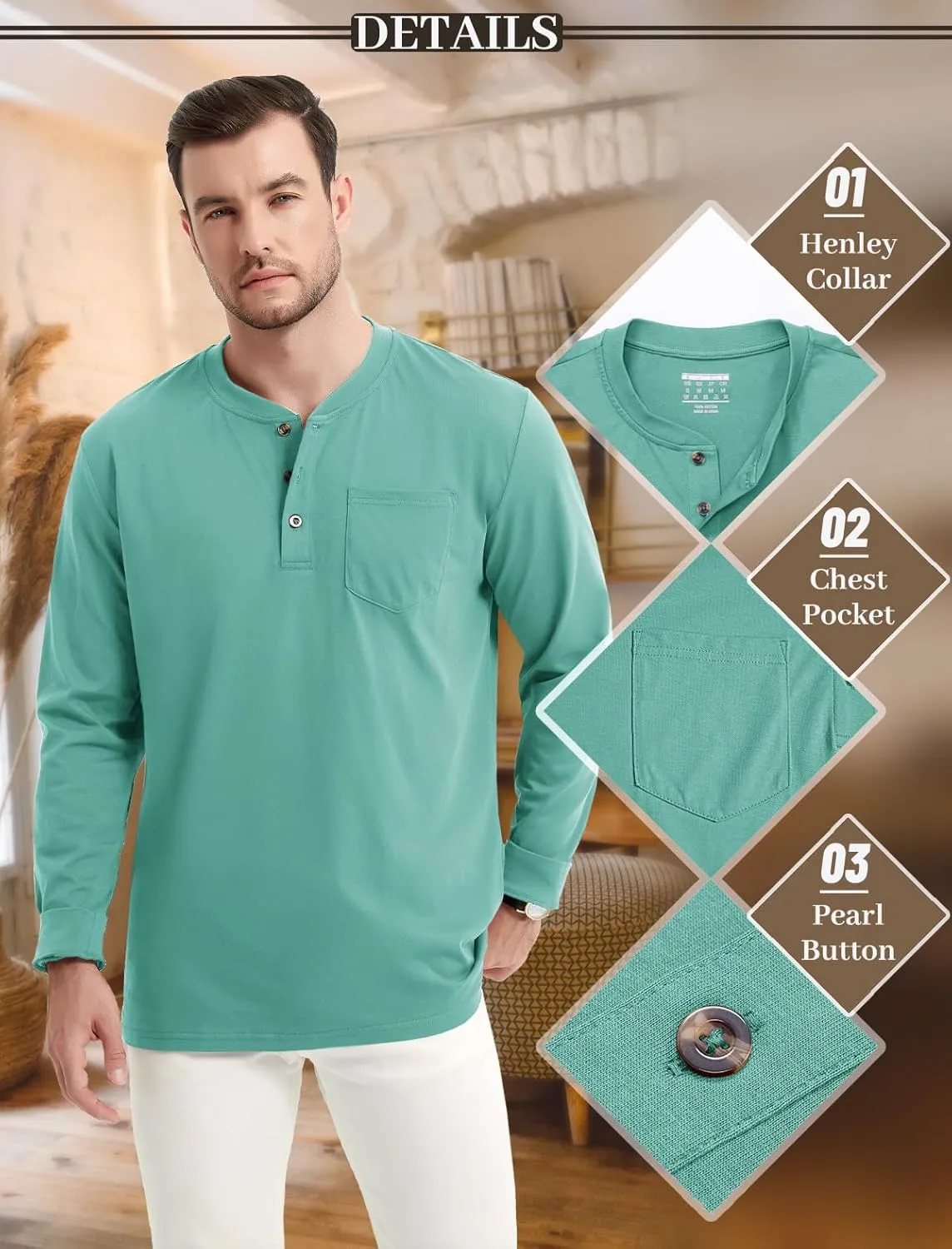 MAGCOMSEN Mens Henley Long Sleeve Casual Shirts Cotton Pocket t Shirts Summer Fitted Plain Tops Lightweight Fashion