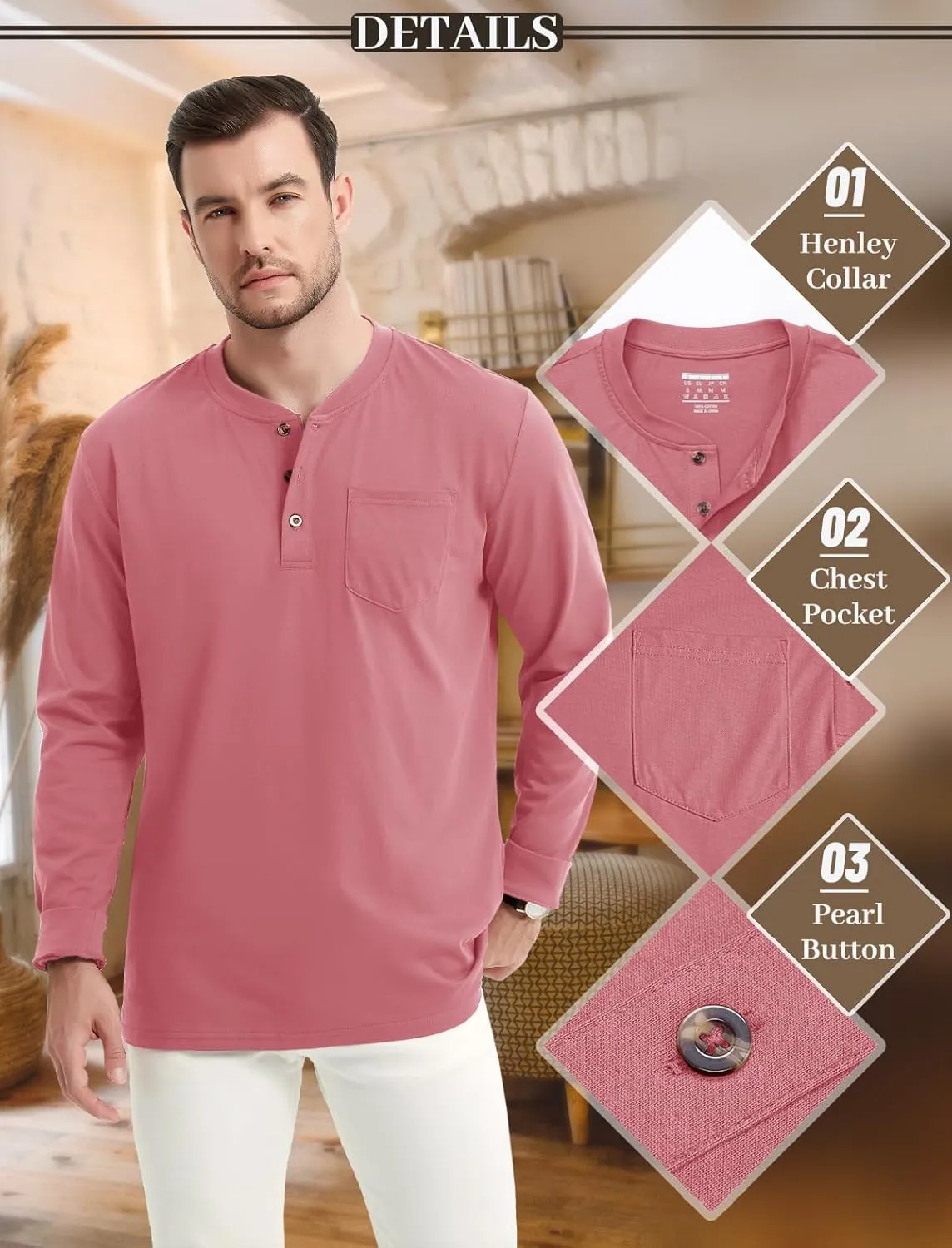 MAGCOMSEN Mens Henley Long Sleeve Casual Shirts Cotton Pocket t Shirts Summer Fitted Plain Tops Lightweight Fashion
