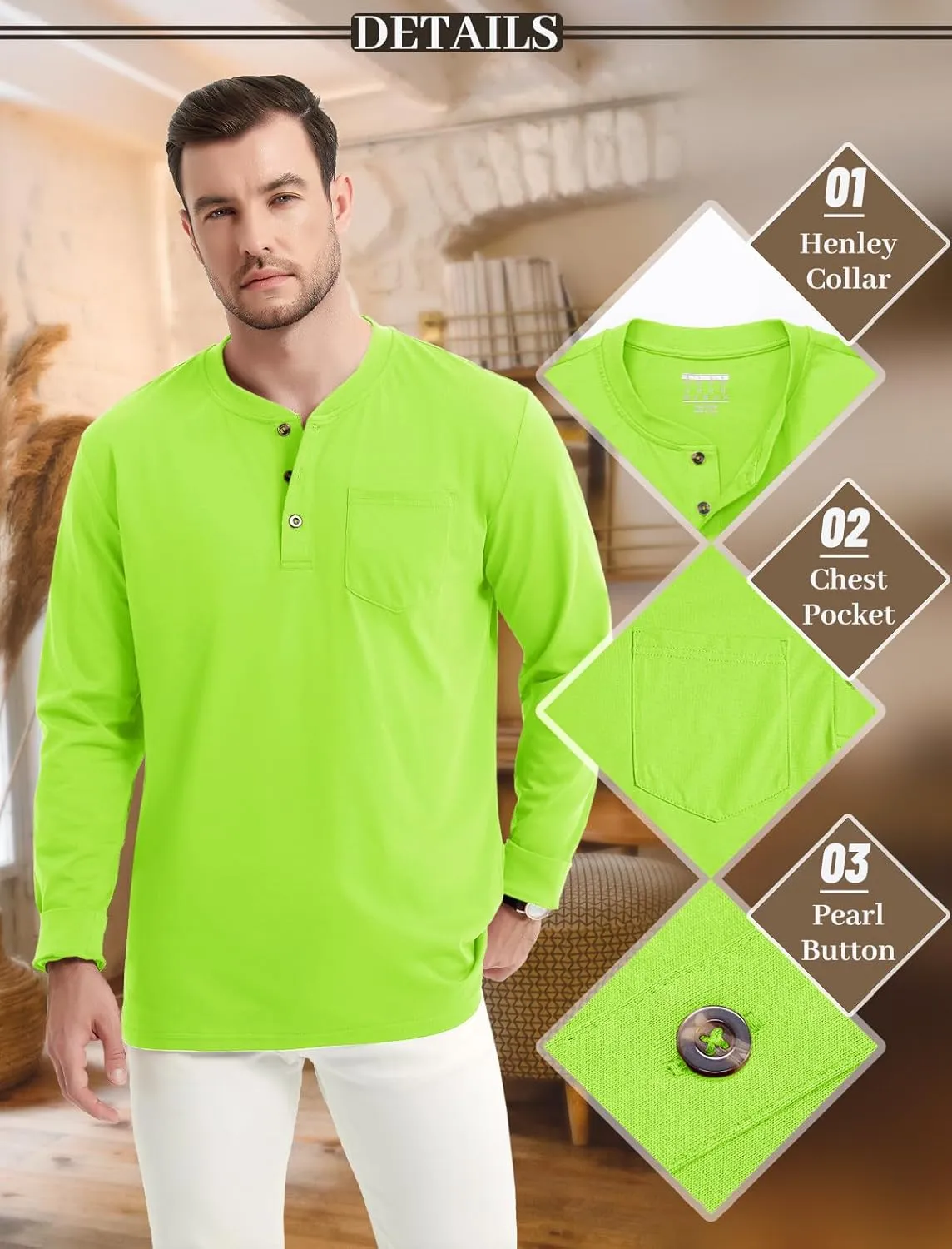 MAGCOMSEN Mens Henley Long Sleeve Casual Shirts Cotton Pocket t Shirts Summer Fitted Plain Tops Lightweight Fashion