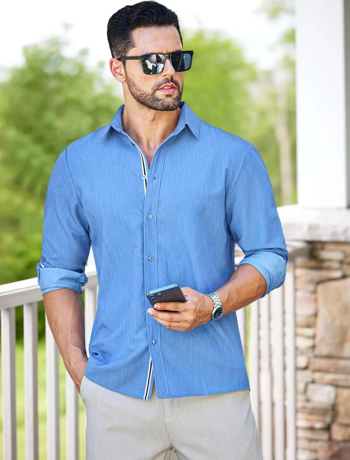 MAPICK Mens Casual Button Down Denim Shirts Long Sleeve Untucked Stretch Wrinkle-Free Dress Shirt