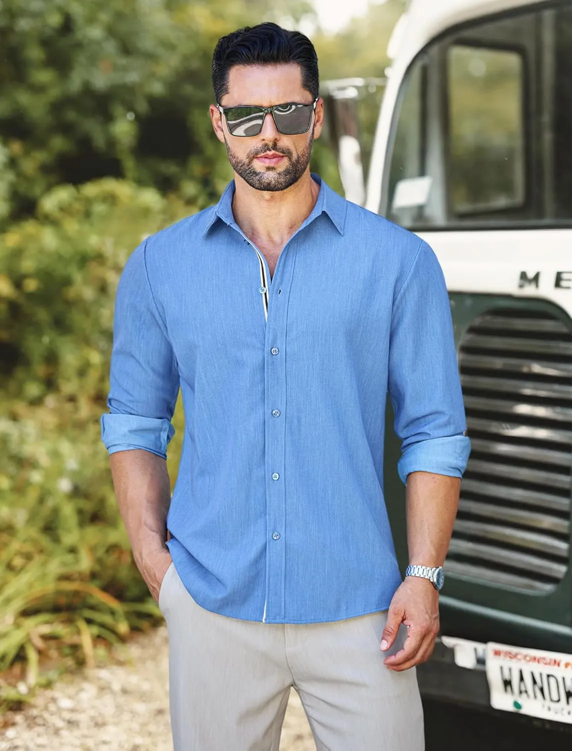 MAPICK Mens Casual Button Down Denim Shirts Long Sleeve Untucked Stretch Wrinkle-Free Dress Shirt