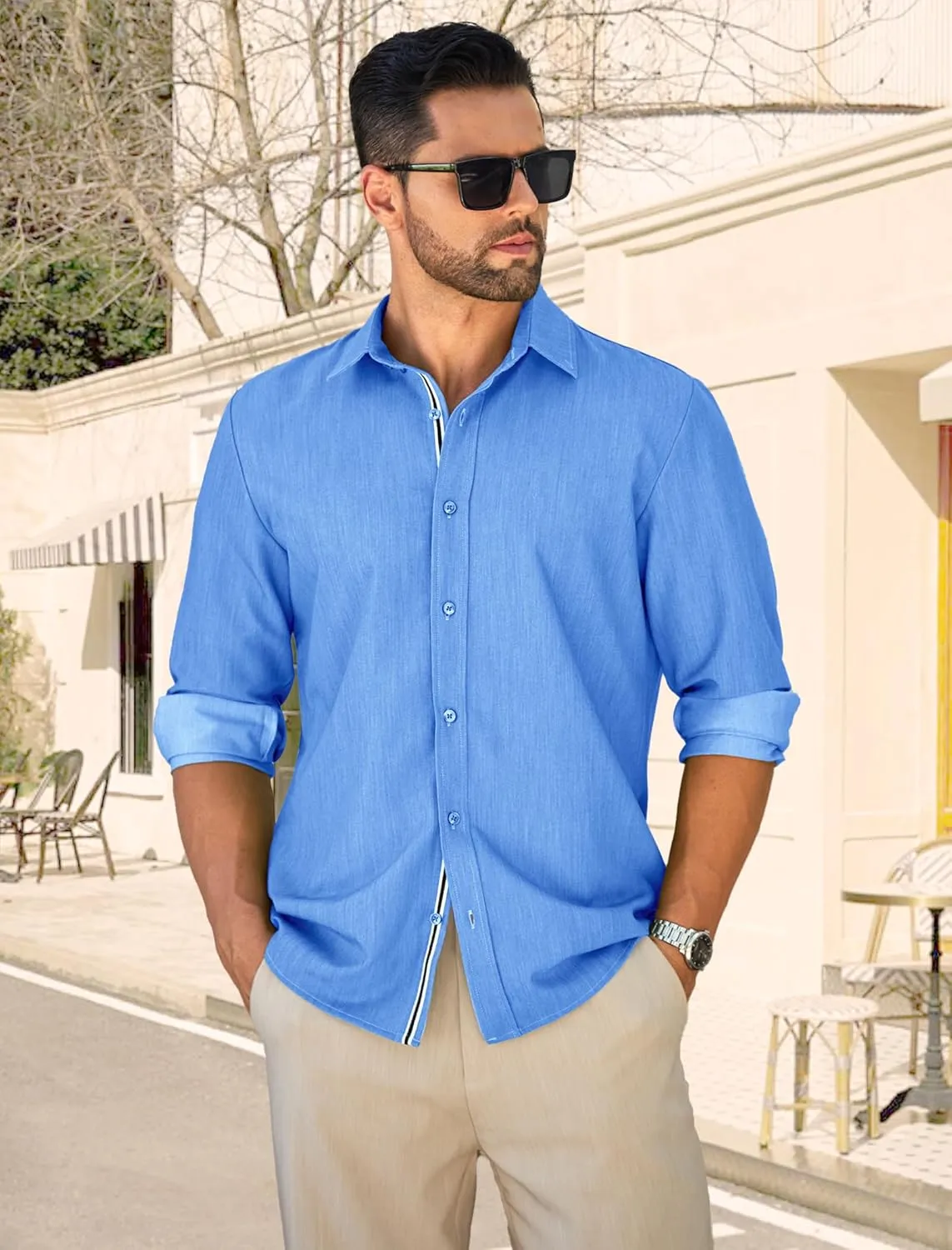 MAPICK Mens Casual Button Down Denim Shirts Long Sleeve Untucked Stretch Wrinkle-Free Dress Shirt