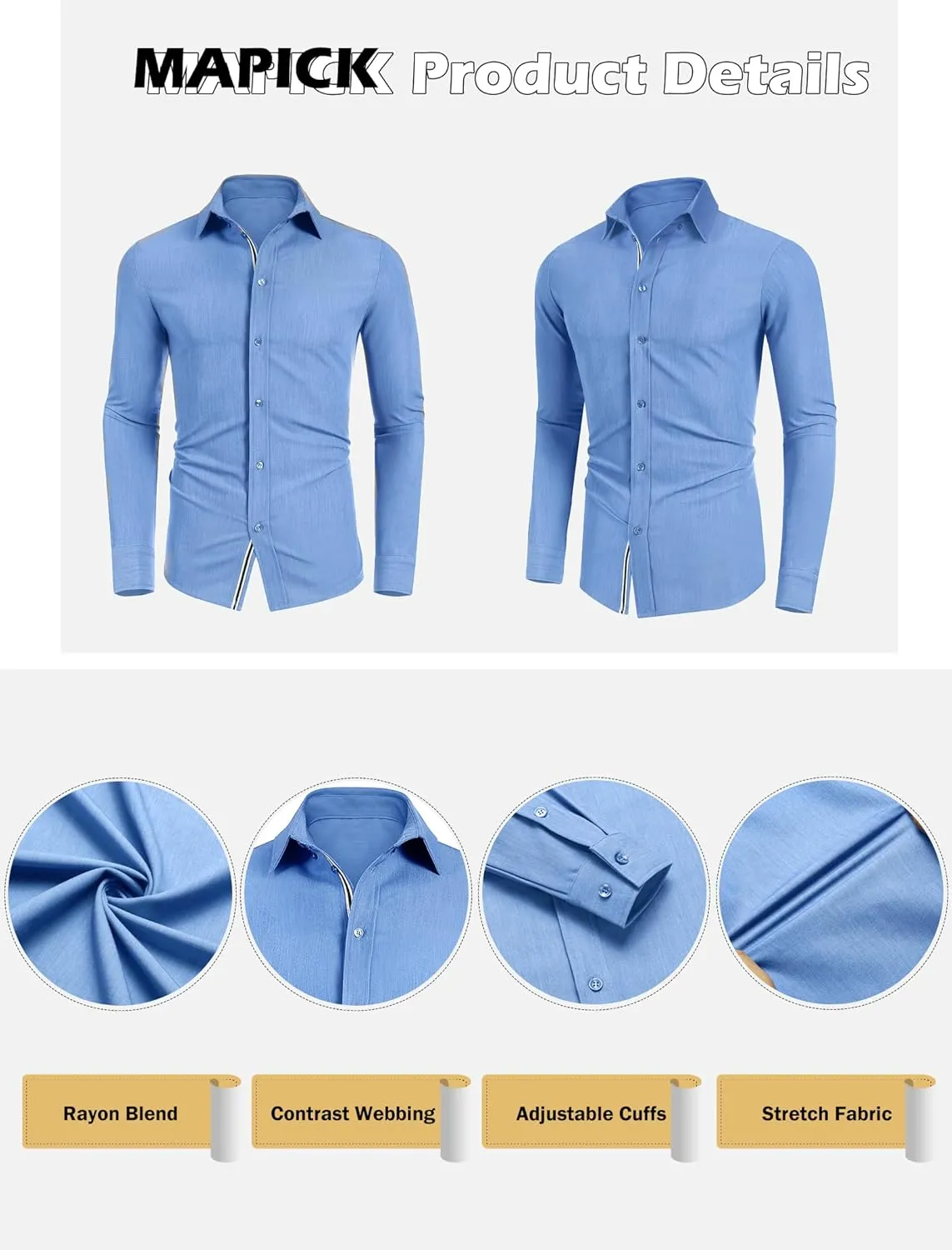 MAPICK Mens Casual Button Down Denim Shirts Long Sleeve Untucked Stretch Wrinkle-Free Dress Shirt