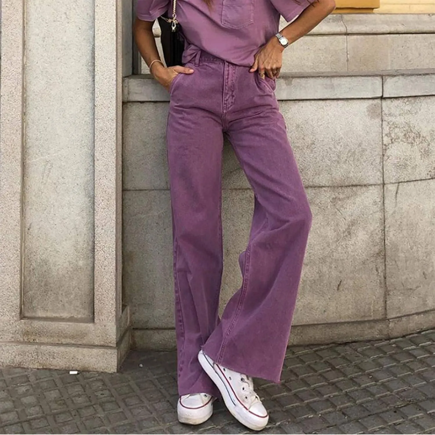 Maryia Women's High Waisted Corduroy Solid Pants Hipster Wide Leg Casual Trousers Straight Lounge Baggy Sweatpants