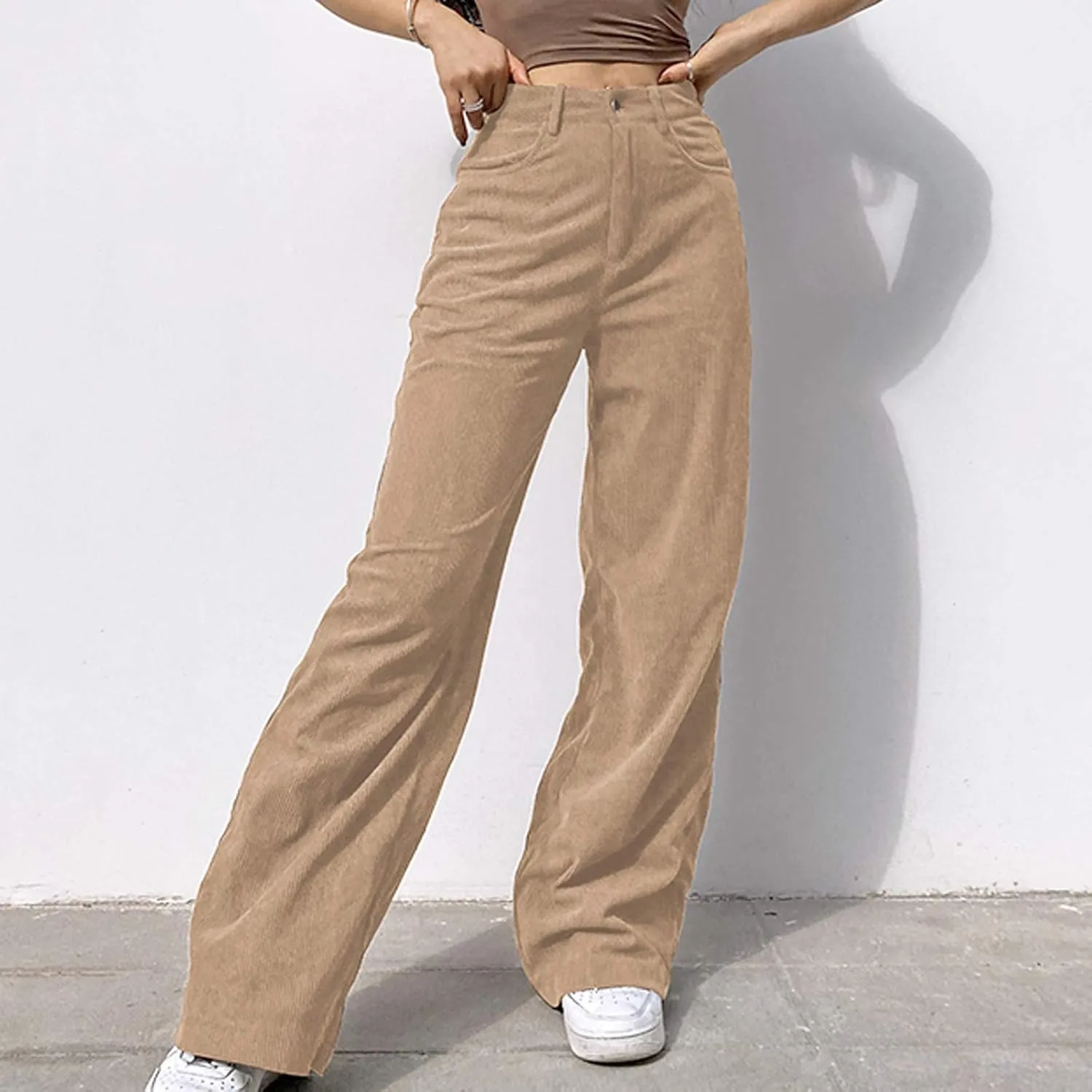 Maryia Women's High Waisted Corduroy Solid Pants Hipster Wide Leg Casual Trousers Straight Lounge Baggy Sweatpants