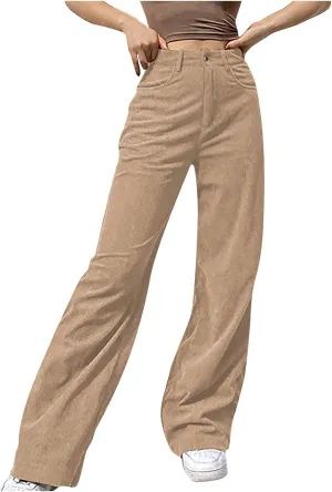 Maryia Women's High Waisted Corduroy Solid Pants Hipster Wide Leg Casual Trousers Straight Lounge Baggy Sweatpants