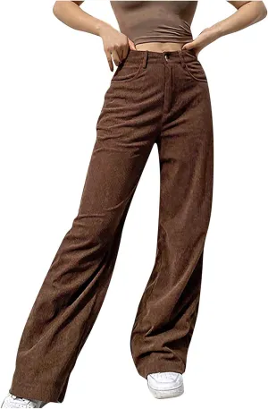 Maryia Women's High Waisted Corduroy Solid Pants Hipster Wide Leg Casual Trousers Straight Lounge Baggy Sweatpants