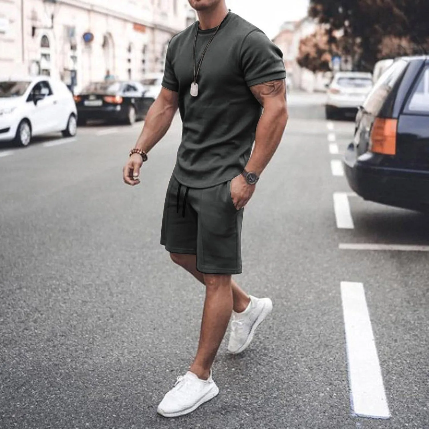 Men 2 Piece Outfits Summer Casual Crew Neck Muscle Short Sleeve Tee Shirts and Classic Fit Sport Shorts Set Tracksuit